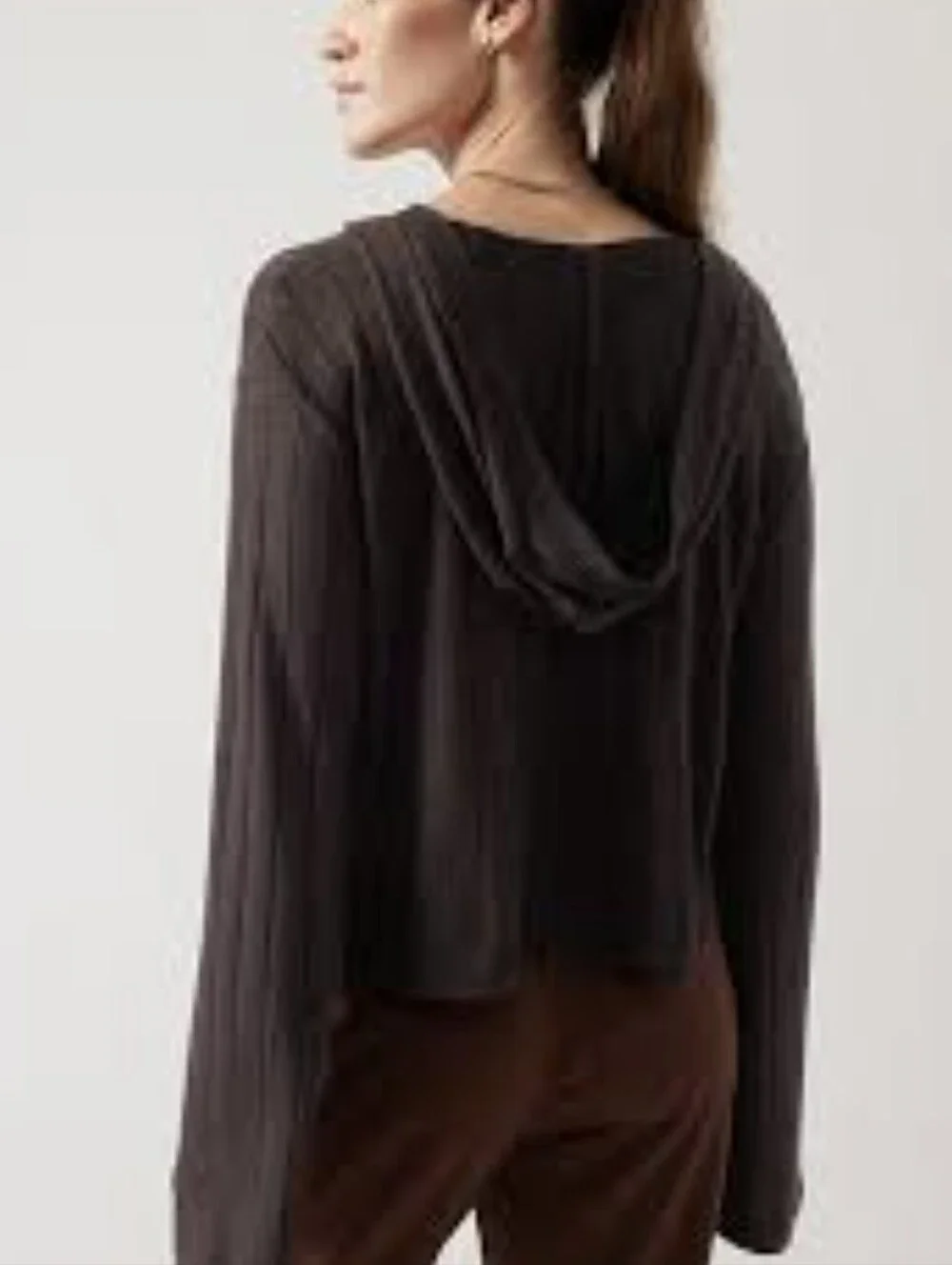 Athleta Brown Ribbed V-Neck Hoodie Top-harmony Pose-Size-S